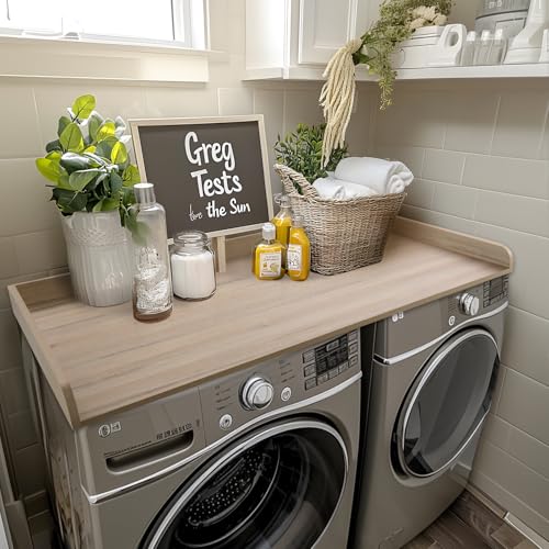 Kaboon Washer Dryer Countertop 58" x 28" Extra Large Version, Melamine Countertop with 3.5" Edge Rails, Laundry Room Organization, Oak(Grey Tone)