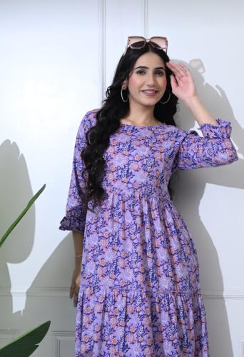 Image of Amazon Brand - Tavasya Women Botanical Floral Printed Maternity Midi Dress | Round Neck | 3 /4 Ruffle Sleeves | Concealed Feeding Zip | Gathered Tiered Nursing Dress