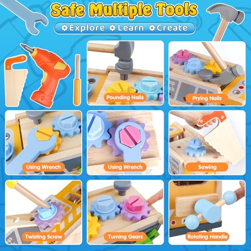 Aliex Werkzeugkoffer Kinder Werkbank Werkzeug LKW mit Bohrmaschine Montessori Holzspielzeug ab 3 4 5 Jahre, Werkzeugkasten Lernspiele Jungen Mädchen Geschenk