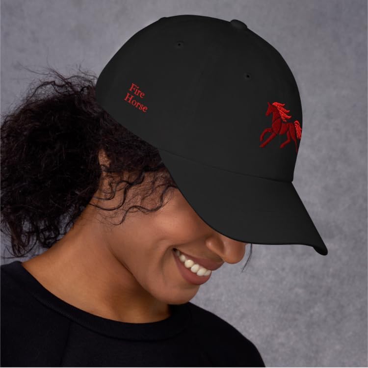 Fire Horse Embroidered Dad Hat – Black Adjustable Cap Lunar New Year
