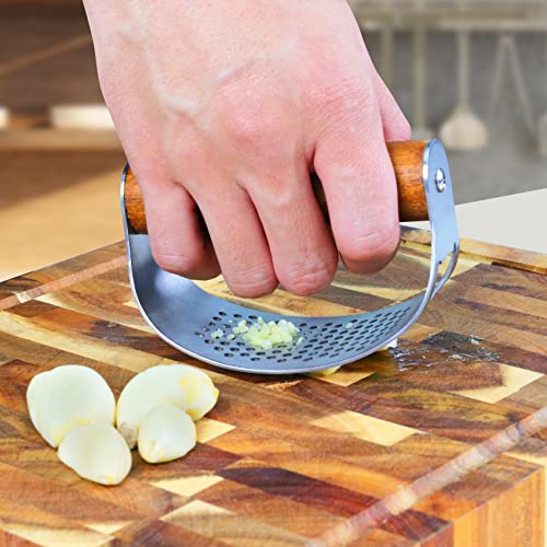 Auyeetek Knoblauchpresse Edelstahl Wippe Spülmaschinenfest Premium Griff aus Holz Knoblauchwippe Garlic Crusher Knoblauch Presse Testsieger Knoblauchschneider 10 * 5.1cm Groß Verdickt