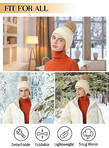 Image of Beanies Women Winter Hat - Earflap Winter Hats for Women with Faux Fur Pom Warm Knit Skull Cap Beanie for Women