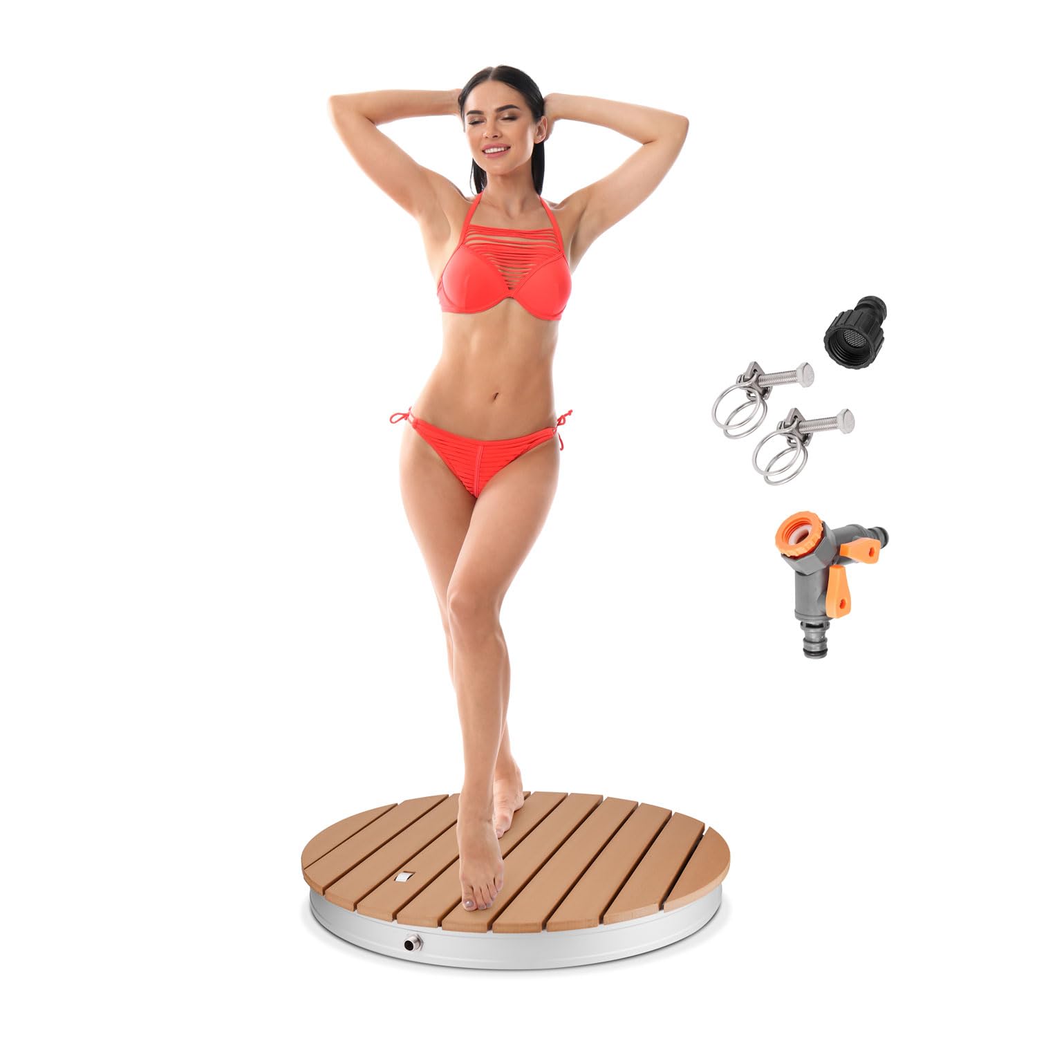 FRANKYSTAR Mitra – Ducha de jardín con chorro ajustable, ducha plataforma de suelo con pedal Ø 70 cm