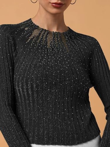 Image of ICW Women Knitted Rhinestone Embellised Daimond Studded Mesh Round Neck Long Sleeve Crop Top T-Shirt 206
