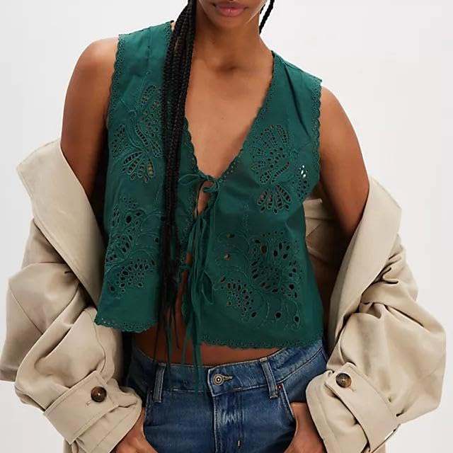 Women Sleeveless Tie Front Top Sweet Deep V-Neckline Boxy Fit Floral Embroidery Throughout Vest Tank Top Eyelet Trim3