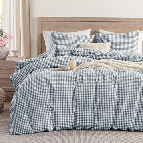Image of Andency Blue Gingham Duvet Cover Full, 100% Wash Cotton Linen Like Textured Breathable Comforter Cover Set, 3 Piece Classic Yarn-Dyed Checkered Plaid Bedding Set, 79 inch*90 inch