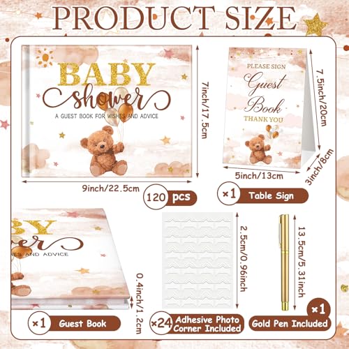 Image of Fuyoooo 27 Pcs Brown Bear Baby Shower Guest Book Set Baby Shower Sign in Guest Floral Book Place Table Cards with Gold Pen Adhesive Photo Corner for Birthday Party