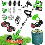 Cordless Weed Wacker Eater Battery Powered 3 in 1 Cordless Weed Trimmer 2 21V Battery Operated with 4 Types Blades & Wheels, No-String Grass Trimmer/Lawn Edger/Brush Cutter for Garden Yard