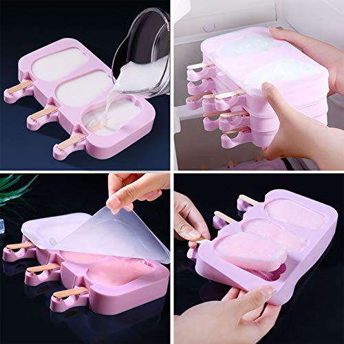 Ice Cream Silicone Moulds Popsicle Moulds 3 Packs for Homemade Chocolate Dessert Ice-Lolly Purees Ice Cream DIY Tools with Cover and Wooden Sticks