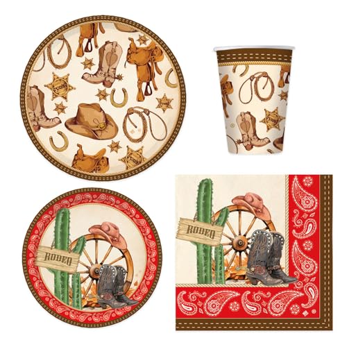 Kit coordinato COWBOY Country Western - ideale per 6 OSPITI persone e per addobbo decoro tavola torta - per feste party di compleanno - Piatti, Bicchieri e Tovaglioli in carta monouso