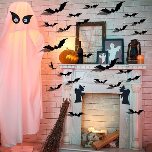 Halloween Bat Wall Decor 3D Stereoscopic Bat Stickers Halloween Decorations Reusable Self-Adhesive Black Bat Wall Decals Halloween Party Supplies for Gothic Home Window Door Wall Room Decor 28 Pcs