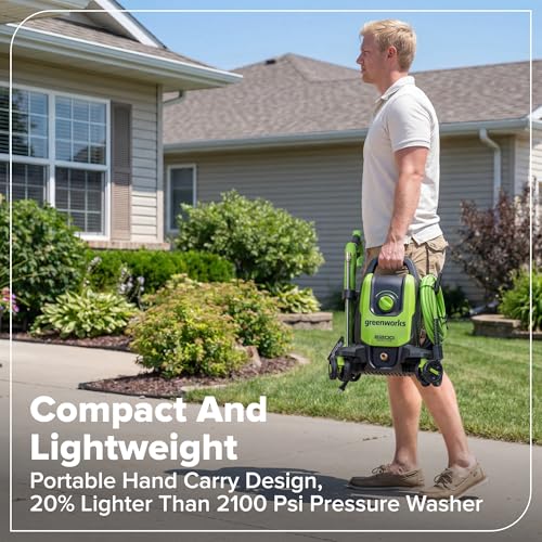 Image of Greenworks 2200 PSI (1.2 GPM Max) Electric Pressure Washer (0, 15, 25, Soap, and Turbo Nozzle) for Use On Cars, Decks, Fences, Concrete Patios, Sidewalks & More. Medium-Duty
