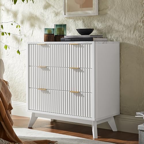 Image of T4TREAM Fluted 3 Drawer Dresser, 32 inch Tall Modern Chest of Drawers with Faux Marble Top, Curved Profile Design, Wood Drawer Organizer for Bedroom, Living Room, Hallway, Entryway, Solid White