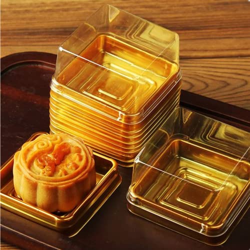 50 Pack Gold Bottom Clear Cover Plastic Mini Cake Box - Muffin Box - Moon Cake Box - Mung Bean Cake Snow Mei Niang Box（Bottom 2 Inch X High 1-1/2 Inch） #TOP20