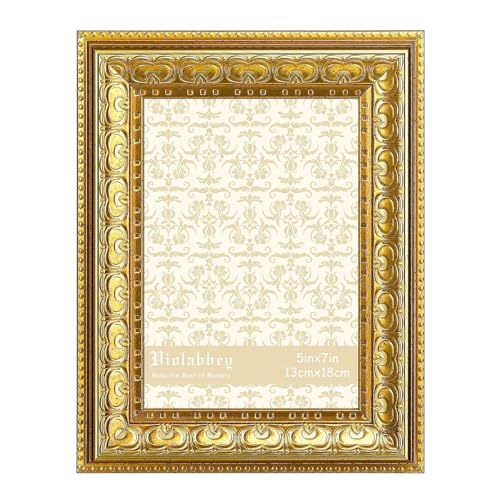 Image of VIOLABBEY 5x7 Picture Frame Gold, Vintage Photo Frame | Small Antique Ornate Frame, Wall or Tabletop Display, Classic Design for Home Office Decor, Fits 5x7 Pictures