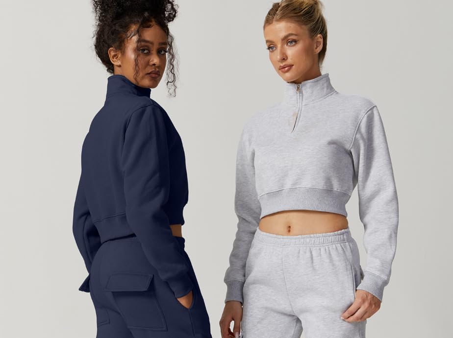 QINSEN Womens Half Zip Crop Sweatshirt High Neck Long Sleeve Pullover Cropped Top - Image 6