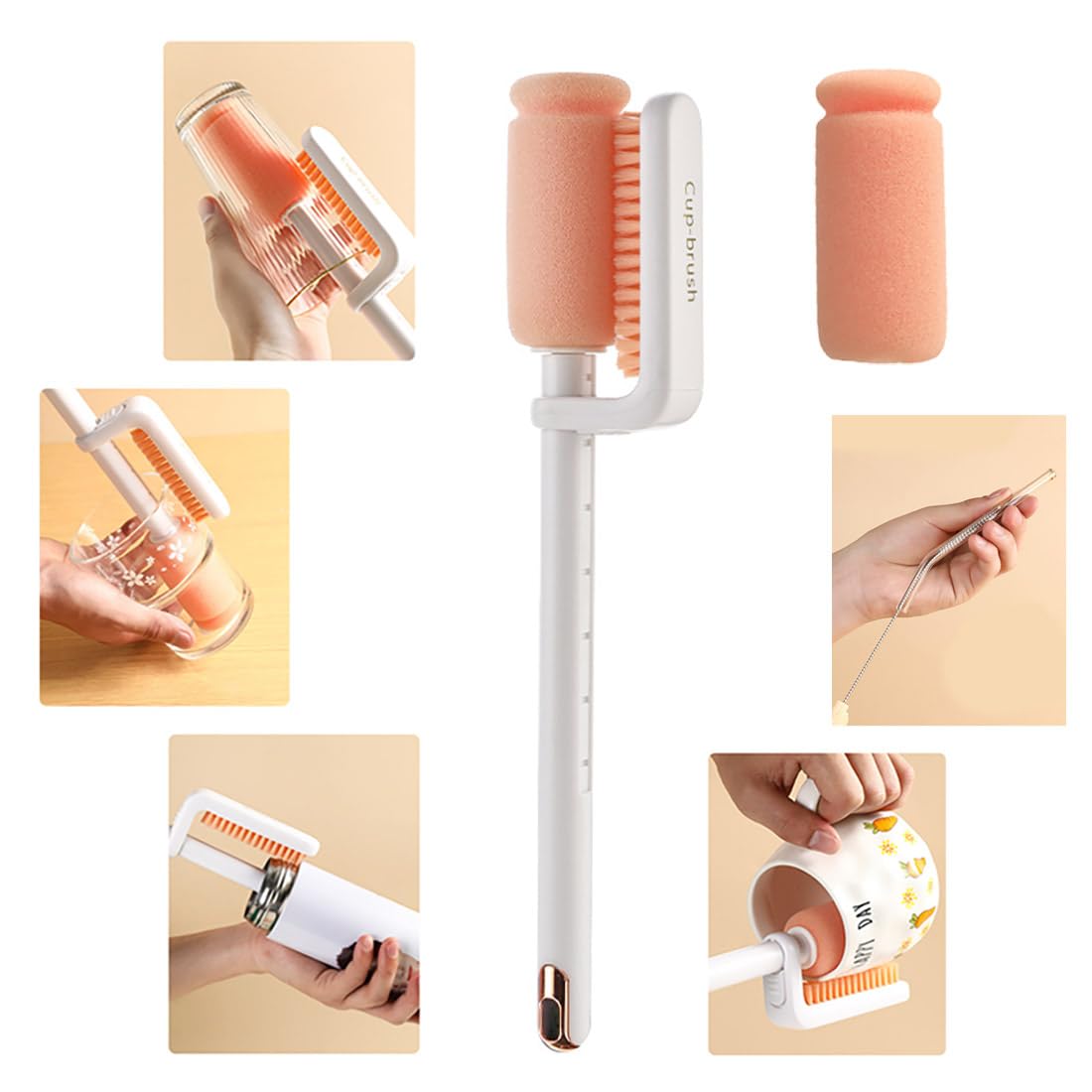 Photo 1 of 360° Adjustable Universal Double Side Bottle Cleaning Brush Long Handle Glass Cup Cleaner Washer for Narrow Neck Water Bottles, Baby Bottles, Tumblers, Drinking Glasses, Strews, Vacuum Mug (White)