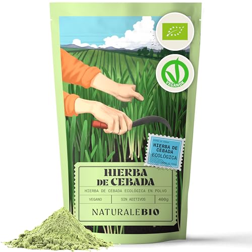 NaturaleBio Hierba de Cebada en Polvo Orgánica Cruda, 400g. Ecológica, natural y pura, cultivada en Europa. Ideal para jugo verde, batidos o recetas. Apta para vegetarianos y veganos.