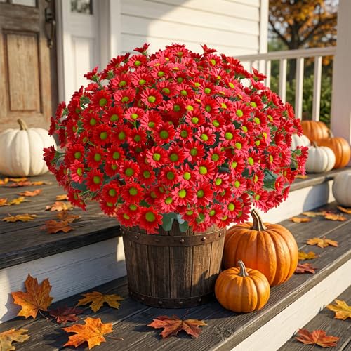 Image of HyeFlora Artificial Mums for Outdoors Fall Decor, 6 Bundles Fake Flowers UV Resistant Realistic Faux Flowers Bouquet Silk Flowers for Outside Planter Porch Patio Garden Yard Balcony Home, Red