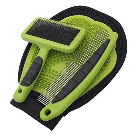 YOLOPARK Professional Pet Grooming Tool, 3 Piece Grooming Kit Suit for Dog and Cat, Including Pet Steel Comb + Hair Remover Shedding Brush + Double Side Pet Massage Gloves Cover