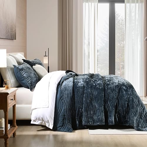 Image of Luxury Velvet Queen Comforter Set, Blue Queen Size Comforter Sets, Stormy Blue Queen Quilt Bedding Set, Luxurious Plush Bedspreaqd Sets,Soft Lightweight Comforter for All Season