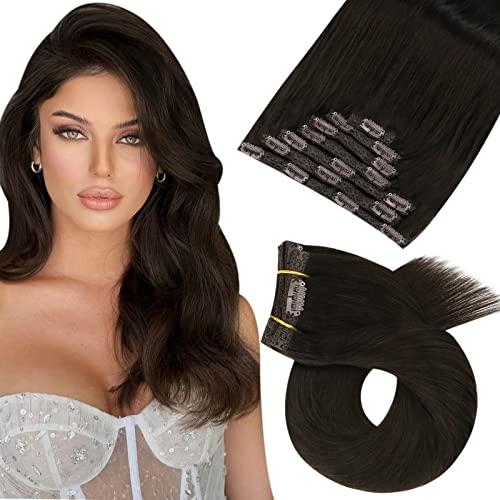 Moresoo Human Hair Extensions Clip in Real Hair Darkest Brown 22 Inch Real Hair Double Wefted Clip in Extensions Remy Human Full Head Straight for Women 7pcs 120g #2