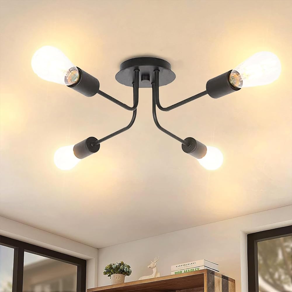 Mengjay Modern Sputnik Chandelier, Mid Century Industrial Ceiling Lamp, Vintage Nordic Metal Semi Flush Mount Ceiling Light for Bedroom, Living Room, Kitchen, Dining Room (Black-4Heads)