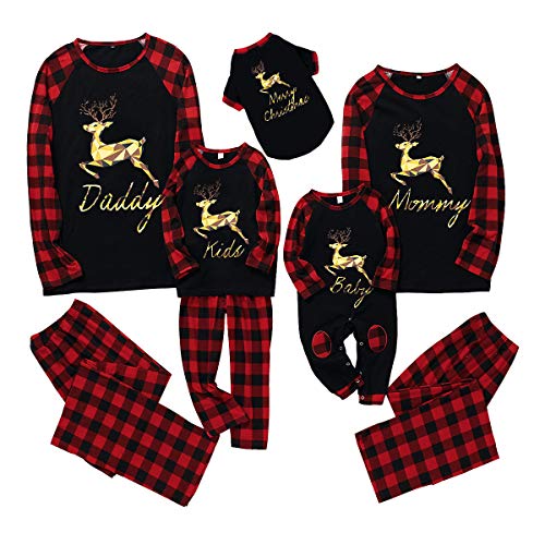 Camidy Family Matching Outfits Christmas Pajamas Set Reindeer Striped Xmas Sleepwear Homewear PJ for Pet Baby Kids Mom Dad (Black+ Red, 0-6 Months)