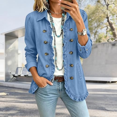 Denim Jacket for Women Fall Ruffle Trim Open Front Button Down Peplum Coat - image 2