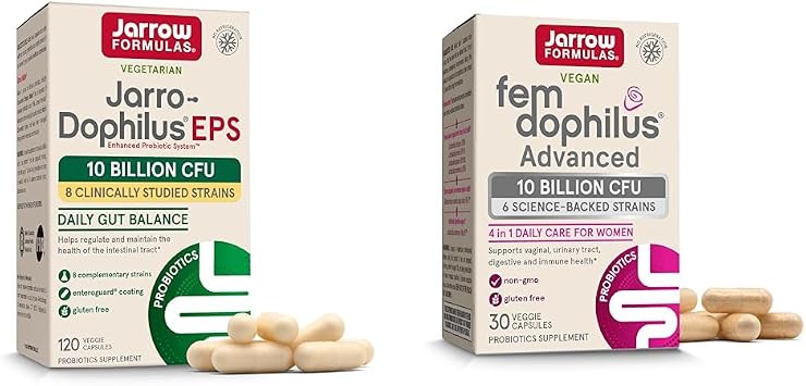 حزمة Jarrow Formulas Probiotics مع Jarro-Dophilus EPS 10 مليار CFU 120 Caps و Fem-Dophilus Advanced 10 مليار CFU 30 Caps