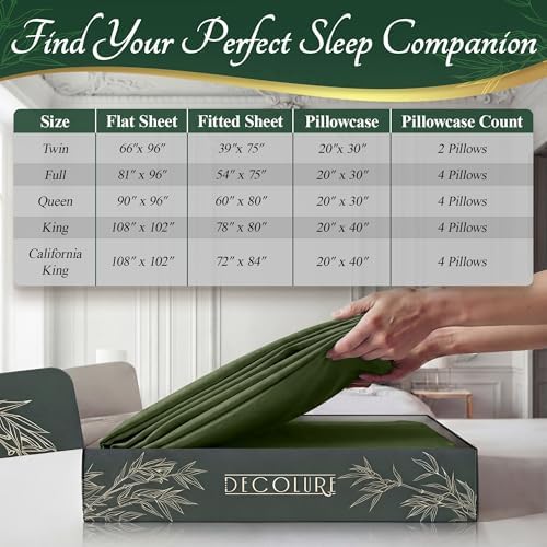 DECOLURE 100% Viscose Derived from Bamboo Sheets King Size - Luxury 6 Pc Naturally Cooling Sheets, Ultra Soft Bed Set - Deep 17" Pockets, Durable Double Stitching, Oeko Tex Standard (Olive) — view 7