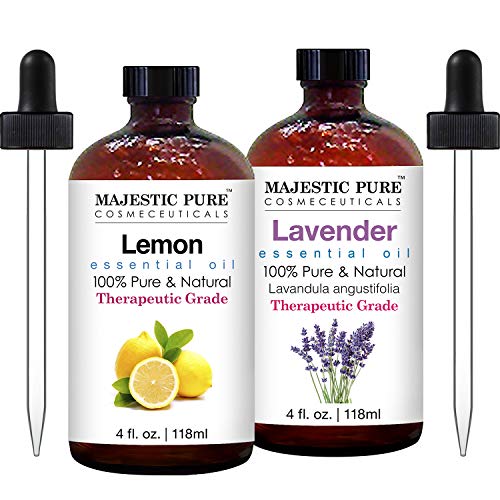 Majestic Pure Lemon Essential Oil and Bulgarian Lavender Essential Oil Bundle  100% Pure and Natural, Therapeutic Grade Oils  4 fl oz Each