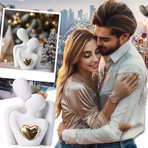 Image of TIED RIBBONS Romantic Couple Hug Statue with Golden Heart Sculpture (White, 8.5 cm x 6.5 cm) - Love Showpiece for Home Decor | Ideal Gift for Girlfriend, Boyfriend, Wife & Husband