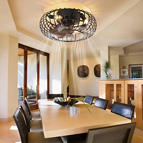 Cocostar Small Industrial Black Iron Pumpkin Caged Flush Mount Ceiling Fan With Light, Indoor 3 Speed Low Profile Rustic Fan Light, 5 E12 Warm Bulbs, Brown Abs Blades #TOP3