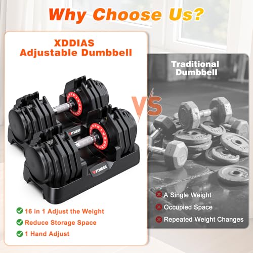 Image of XDDIAS Adjustable Dumbbells Set of 2 for Strength Training, One-Hand Quick Adjust, 25 /55 /80 /90 lbs Options, Anti-Slip Grip Handle, Compact Home Gym Weights for Men Women