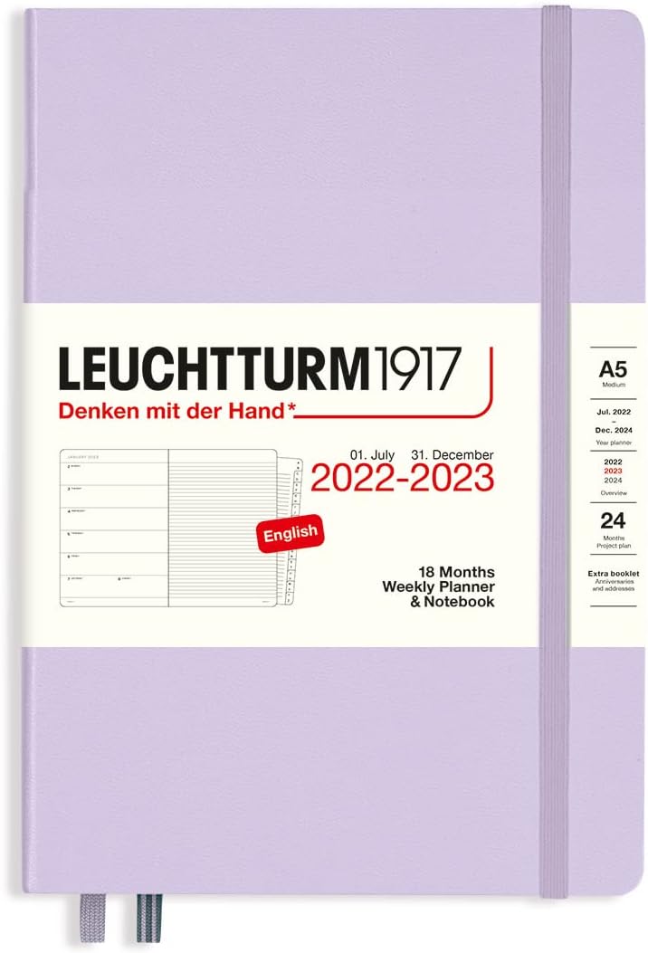 LEUCHTTURM1917-18-month Medium A5 Hardcover Weekly Planner and Notebook, Jul. 2022 - Dec. 2023, English (Lilac)