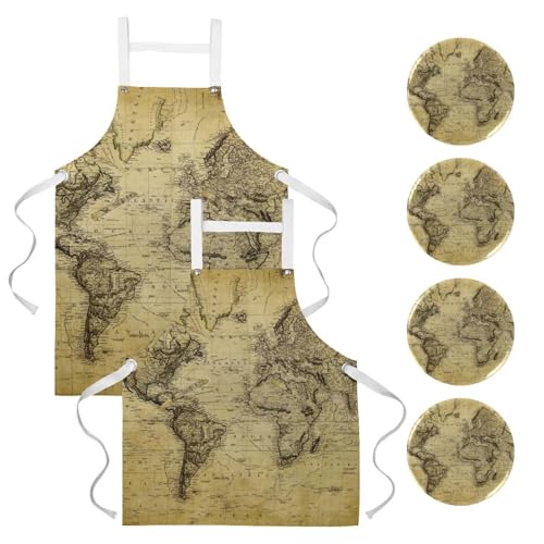 Tabliers de cuisine vintage lot de 2 style carte du monde pour pâtisserie et bistrot