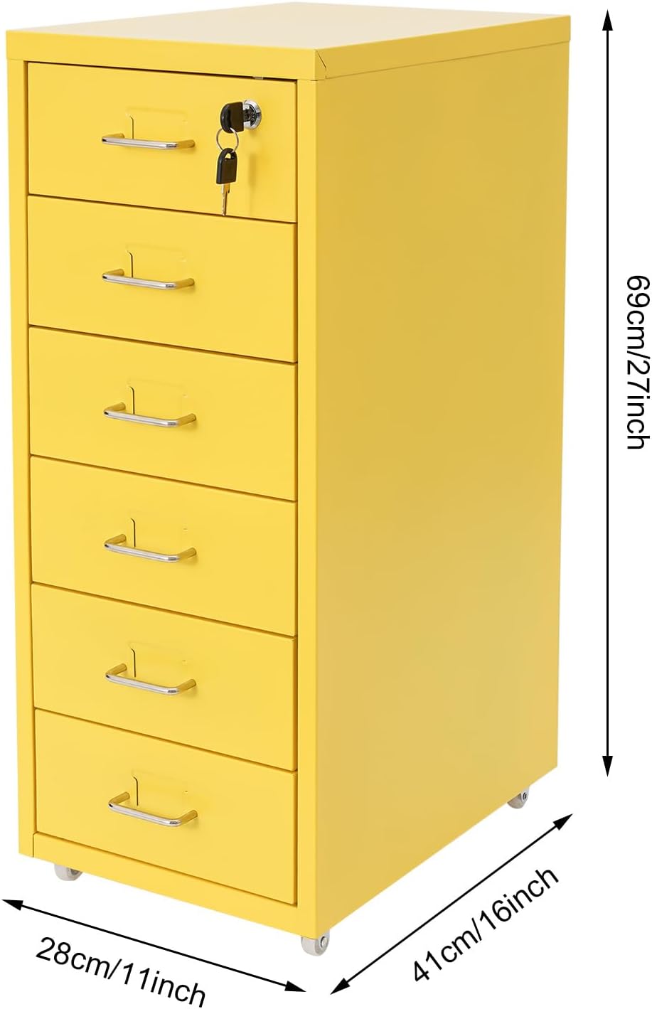 File Cabinets, 6 Drawer File Cabinet with Lock and Wheels, 11 X 16 X 27 inch Metal Office Filing Cabinets for Office, Study (Yellow)