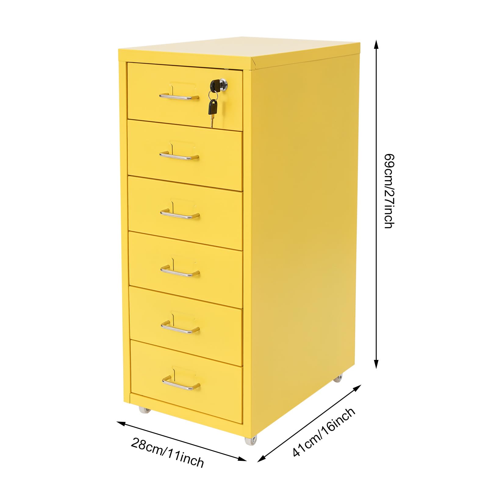 Conteneur à roulettes en métal - Meuble de bureau pour bureau - Organiseur de bureau avec 6 tiroirs - Armoire à tiroirs verrouillable sur roulettes - 28 x 41 x 69 cm - Jaune
