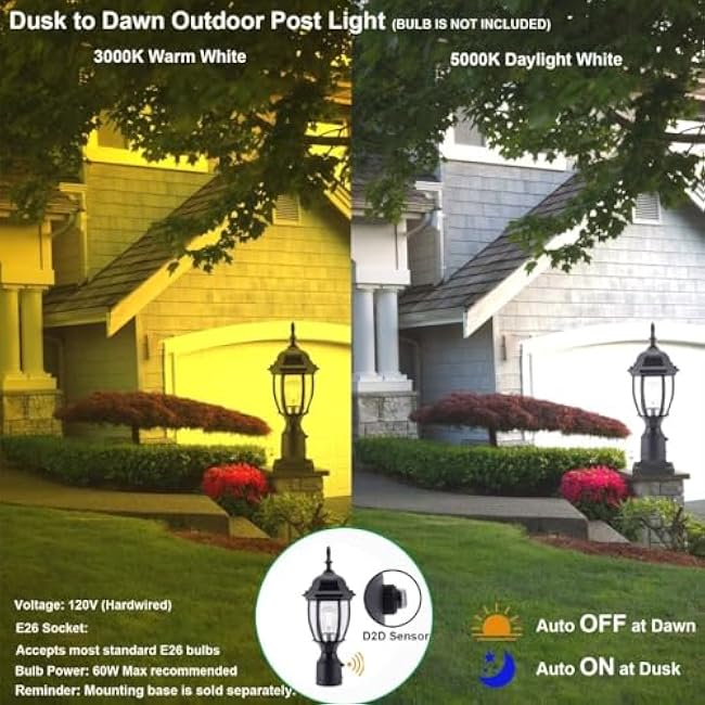 LIT-PaTH Dusk to Dawn Outdoor Post Lighting Fixture Pole Lantern, E26 Medium Base Max 60W, Aluminum Housing Plus Glass, Bulb Not Included (Black, 2-Pack)