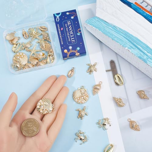 SUNNYCLUE 1 Box 36Pcs 9 Styles Ocean Beach Charms Gold Summer Charm Bulk Metal Alloy Sea Themed Shell Pearl Conch Starfish Tortoise Charm for Jewellery Making Charms Bracelet Necklace Earring Crafts - Image 4
