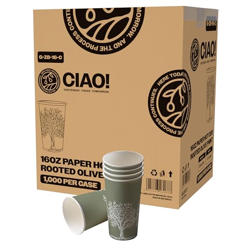 CIAO! 16oz Paper Hot Cup, Rooted Olive Print, (Case of 1,000)