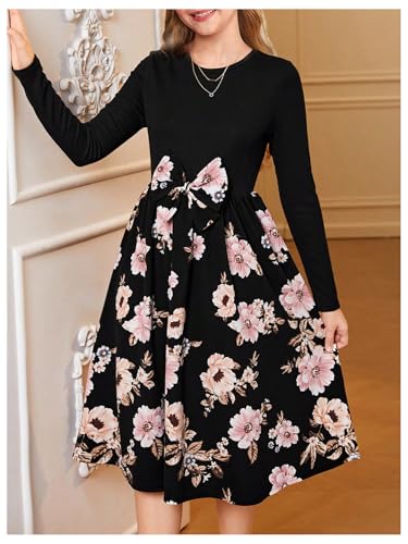 SweatyRocks Girl's Floral Print Bow Dresses Long Sleeve Crewneck A Line Vacation Dress3