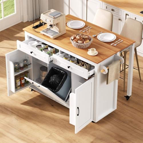 YEHTOKHOME Îlot Central Cuisine avec Station de Charge, Desserte de Cuisine avec Plans de Travail Extensibles, 2 Tiroirs, 2 Portes, Poubelle Intégrée, Porte Serviettes (A-Blanc)