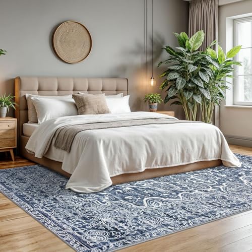 KUTA Blue White Vintage 8x10 Area Rugs for Living Room, Washable Large Rug for Bedroom 8ft x 10ft Non-Slip, Ultra Soft Printed Traditional Floral Medallion Distressed Dining Room Low-Pile Carpet
