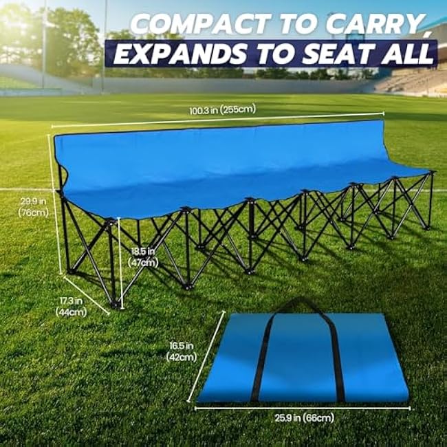 Flexzion Portable Folding Bench Seat, 6 Seater, Collapsible Soccer Bench, Portable Bench Seats for Bleachers, Camping, Sideline, with Back Rest and Carrying Bag, Blue