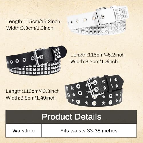 3 Pcs Black White Studded Belt Y2K Star Belt Gothic Punk Rock Belts with Grommet Threads Bright Metal Pyramid Cool Belts for Women Men3