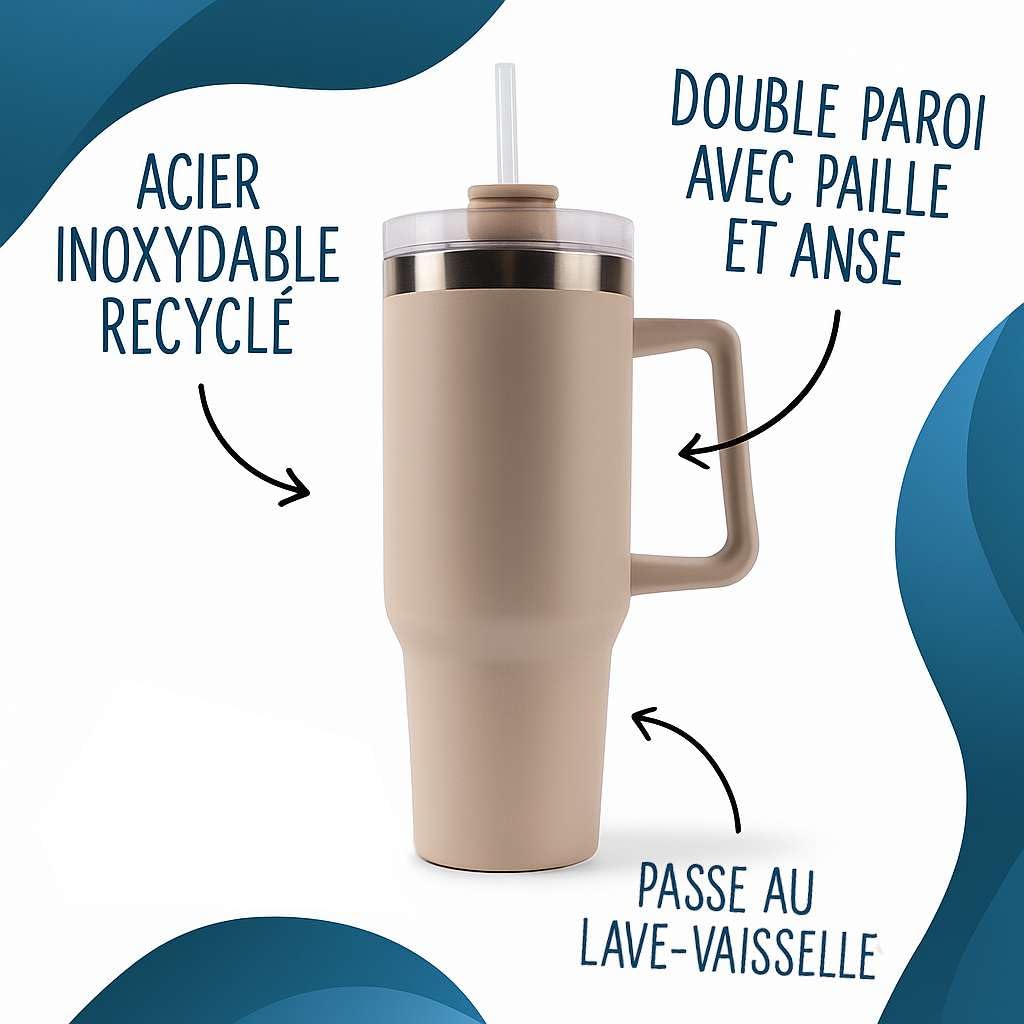 Planetee Mug Isotherme 1,2L - Je peux pas petite bière Noir – Bouteille avec Anse, Paille et Couvercle – Idée Cadeau Gourde Personnalisée