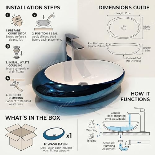 Image of B Backline Ceramic Designer Oval Shape Premiem Counter Top /Over Counter Wash Basin Table Top /Vessel Sink For Bathroom & Living Room 19 X 12 X Inch (Blue White)