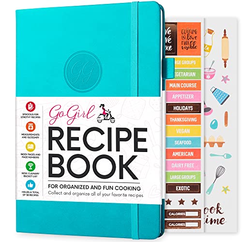 GoGirl Recipe Book â€“ Blank Cookbook to Write In Your Own Recipes â€“ Empty Cooking Journal for Family Recipes â€“ Personalized Recipe Notebook â€“ Hardcover, A5, 58 Recipes In Total - Turquoise